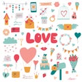 Set of Valentine`s Day design elements with envelope, cupcakes, garland, lollipop, flowers and hearts Royalty Free Stock Photo