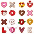 set of valentine\'s day donuts. collection of valentine funny doughnuts