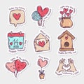 Set of Valentine`s Day doodle style hand-drawn stickers with simple engraving retro effect and quotes Royalty Free Stock Photo