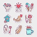 Set of Valentine`s Day doodle style hand-drawn stickers with simple engraving retro effect and quotes Royalty Free Stock Photo