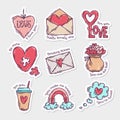 Set of Valentine`s Day doodle style hand-drawn stickers with simple engraving retro effect and quotes Royalty Free Stock Photo