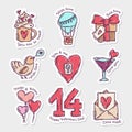 Set of Valentine`s Day doodle style hand-drawn stickers with simple engraving retro effect and quotes Royalty Free Stock Photo