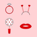 Set of Valentine`s day elements. Ring with diamond, hair band, topiary, lips. Romantic vector clip arts Royalty Free Stock Photo