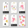 Set of Valentine`s Day gift tags with cute cupid, dove, hearts.