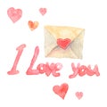 Set for Valentine`s day Hand-drawn watercolor design element heart, lettering love and envelope. Royalty Free Stock Photo