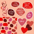Set for Valentine's Day love phrases, red and pink hearts, a pattern of spots. Vector fashion backgrounds. Printing Royalty Free Stock Photo