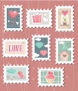 Set of valentine`s day postage stamps Royalty Free Stock Photo