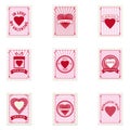 Set Valentine s day postage stamps, collection for postcard, mail envelope. Hearts, retro, vintage, vector, isolated Royalty Free Stock Photo