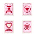 Set Valentine s day postage stamps, collection for postcard, mail envelope. Hearts, retro, vintage, vector, isolated Royalty Free Stock Photo