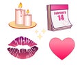 Set Valentine`s Day - romantic candles, calendar with the date of February 14, heart and imprint of painted lips. Vector elements