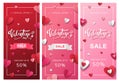 Set of Valentine`s Day Sale vertical flyers design with paper hearts in red white and pink colors. Discount up to 50%. - Vector