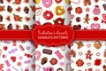 set of valentine\'s day seamless patterns with sweets. collection of seamless texture with valentine cakes and candies