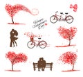 Set of Valentine`s Day symbols and icons. Heart shaped tree, couple in love on a bench, bicycle with a red ballons Royalty Free Stock Photo