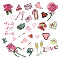 Set of Valentine`s Day theme doodle elements, roses, lettering and different objects. Hand drawn and colored sketches