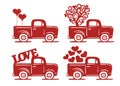 Set valentine`s red truck with hearts. Flat vector