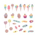 Set Valentine sweets heart drawn, vector drawing. Ice cream, sweets, lollipops, cupcakes. Bubble speech with text XOXO