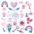 Set of valentine's day symbols on white background. Valentines day flat icons in pink colors. Symbols of love - Royalty Free Stock Photo