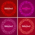 Set of Valentines Day card design. Love circle frame from pattern gentle hearts on bright background.