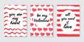 Set of 3 Valentines day cards. Trendy prints in red colors with hand drawn phrases. Lettering compositions. Greeting postcards in