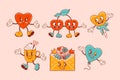 Set for Valentines Day. Characters in old retro cartoon style. Dancing funky-groovy cute hearts, a cup of coffee, a