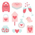 Set of valentines day elements. Collection of gift, bird, heart, calendar, mailbox.