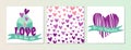 Set of Valentines day greeting cards and social media posts. Purple and pink hearts, green ribbons, envelope