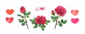 Set for Valentines day - hearts, red roses, bud. Watercolor for Valentine day, wedding design or save date card