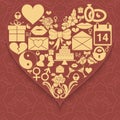 Set valentines day icons compiled in shape of heart on patterned background.