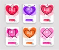 Set of Valentines Day Sale Posters. Web banner design with hearts icon, geometric linear borders and click buttons Royalty Free Stock Photo