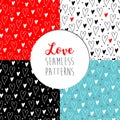 Set of Valentines day seamless patterns with cute hearts on red  white  black and blue background. Vector illustrations Royalty Free Stock Photo