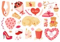 Set of valentines day stickers, elements, love symbols and romantic icons. Vector flat illustration.