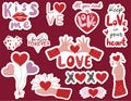 Set of valentines stickers with lettering and hands holding hearts