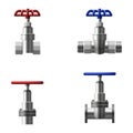 Set valves ball, fittings, pipes of metal piping system. Different types valves water, oil, gas pipeline, pipes sewage