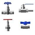 Set valves ball, fittings, pipes of metal piping system. Different types valves water, oil, gas pipeline, pipes sewage