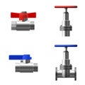 Set valves ball, fittings, pipes of metal piping system. Different types valves water, oil, gas pipeline, pipes sewage