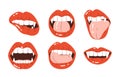 Set of vampire\'s lips with fangs. A woman\'s mouth with bright red lips and long, sharp teeth