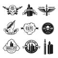Set of vape, e-cigarette emblems, labels, prints and logos. Vector illustration. Royalty Free Stock Photo