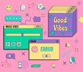 Set of vaporwave UI and UX elements. PC retro game frame. Nostalgic style 70s, 80s, 90s. Royalty Free Stock Photo