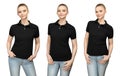 Girl in blank black polo shirt mockup design for print and template young woman in T-shirt front and half turn side view isolated Royalty Free Stock Photo