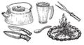 A set of varied cookware. Camping utensils. vintage illustration kitchen utensils