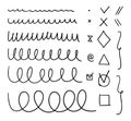 A set of varied wavy lines. Collection of hand-drawn graphic brushes. Vector stock illustration of highlight lines and checkmarks