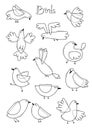 Set variety of abstract birds. Simple line design. Coloring book page. Vector illustration