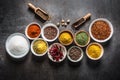 Set of variety aromatic spices and herbs in bowls Royalty Free Stock Photo