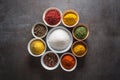 Set of variety aromatic spices and herbs in bowls Royalty Free Stock Photo