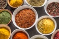 Set of variety aromatic spices and herbs in bowls Royalty Free Stock Photo