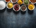 Set of variety aromatic spices and herbs in bowls Royalty Free Stock Photo