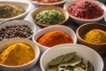 Set of variety aromatic spices and herbs in bowls Royalty Free Stock Photo