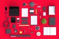 Set of variety blank office objects organized for company presentation or branding identity with blank modern devices.
