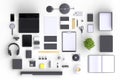 Set of variety blank office objects organized for company presentation or branding identity with blank modern devices.