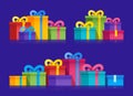Set variety group gift boxes with ribbons and bows. Vector flat illustration. Colorful wrapped. Colorful wrapped gift boxes Royalty Free Stock Photo